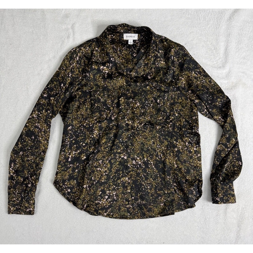Evereve Sasha Satin Abstract Print Button Up Shirt Work Blouse Date Night Top S